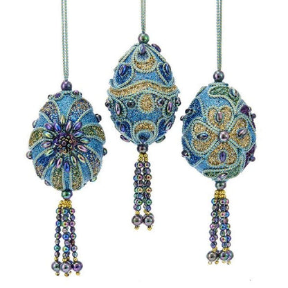 Kurt Adler Peacock Miniature Egg with Teal Cording, Iridescent Beads and Teal, Green, Blue & Lavender Glitter Ornament - 3 Assorted