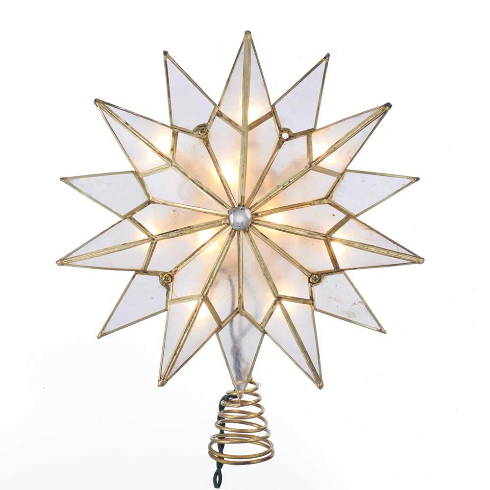 Kurt S. Adler UL3141 9.84" Brass Plated 7-Point Double Tip Capiz Star with Center Gem Tree Topper