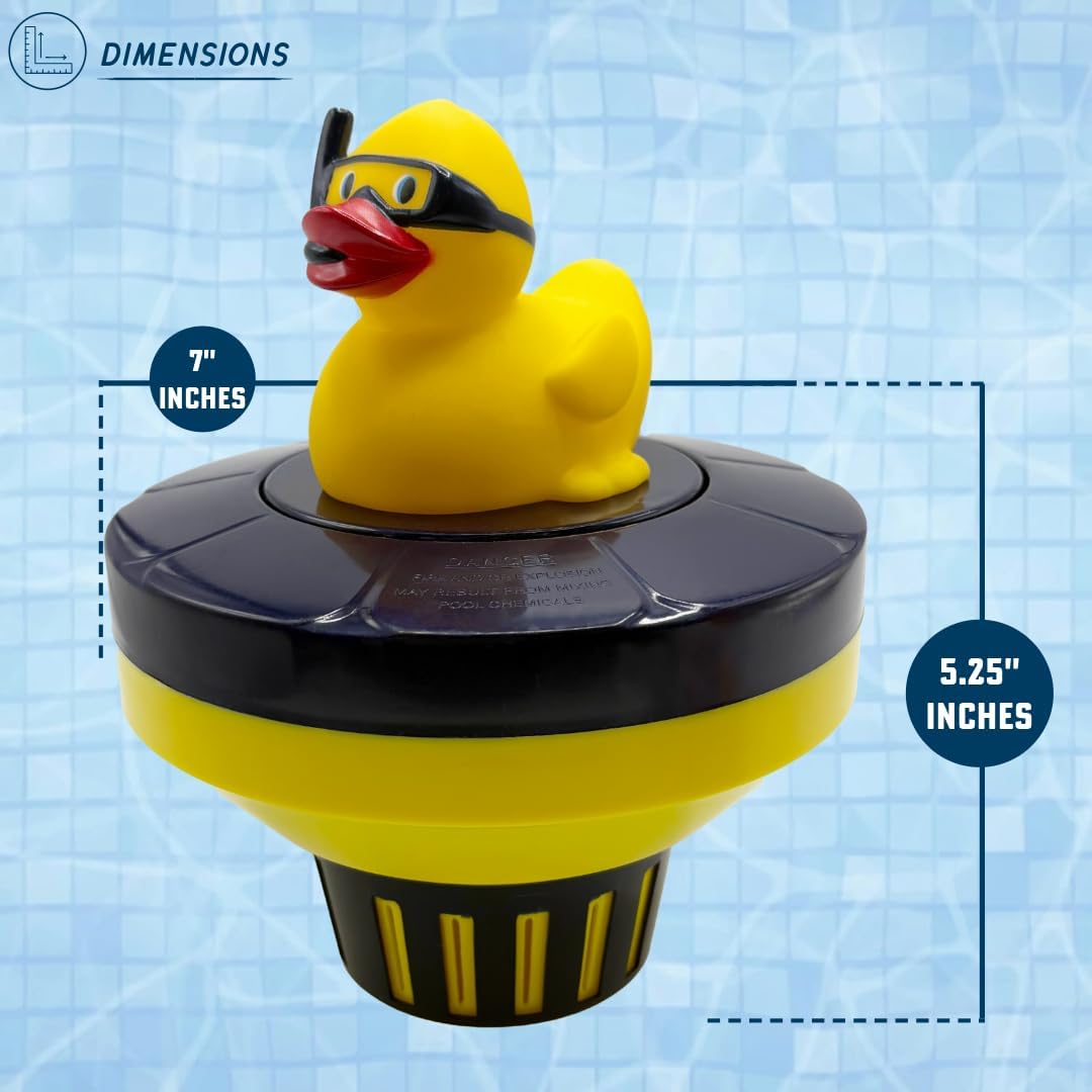 Poolzilla Duck Dispenser with Thermometer - Tablet Floater with Adjustable Collar Design and Easy Read String Thermometer