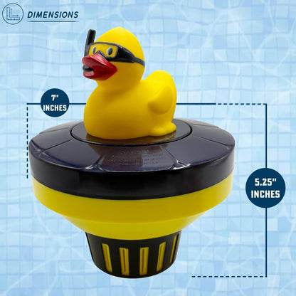 Poolzilla Duck Dispenser with Thermometer - Tablet Floater with Adjustable Collar Design and Easy Read String Thermometer