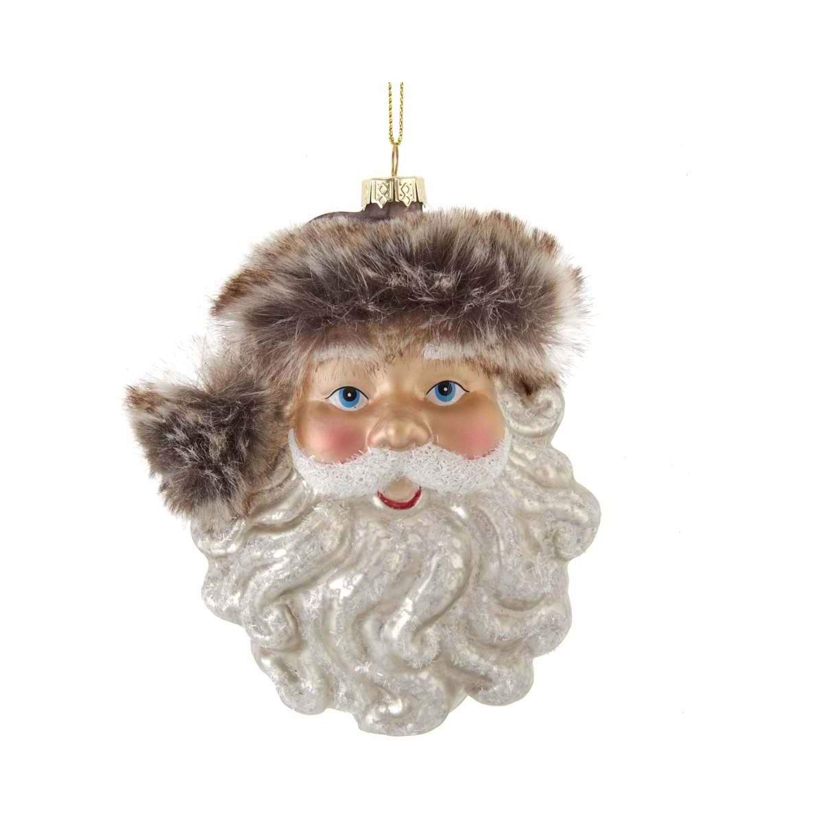 Kurt Adler C6378 Santa Head with Brown Faux Fur Hanging Ornament, 5-inch High, Glass,Christmas