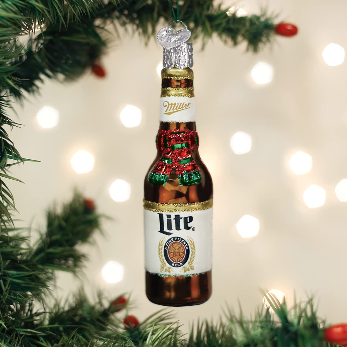 Old World Christmas Holiday Miller Lite Beer Bottle Glass Blown Ornament for Christmas Tree, Handcrafted Holiday Decoration, Beer Collection