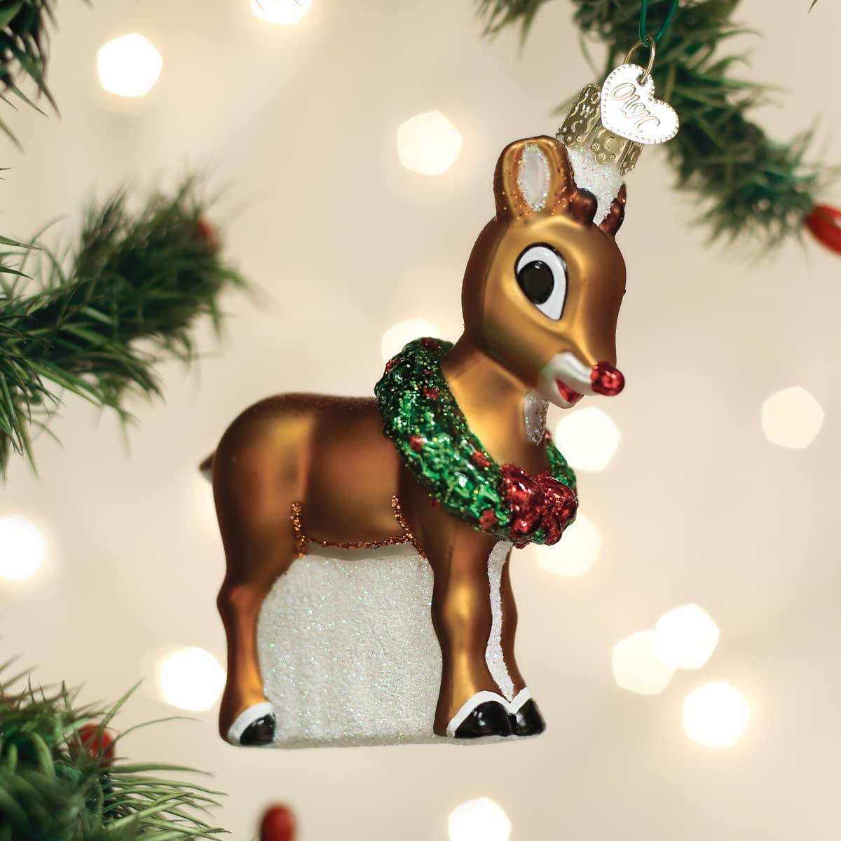 Old World Christmas Rudolph The Red-Nosed Reindeer Glass Blown Ornament for Christmas Tree, Handcrafted Holiday Decoration, Rudolph Collection