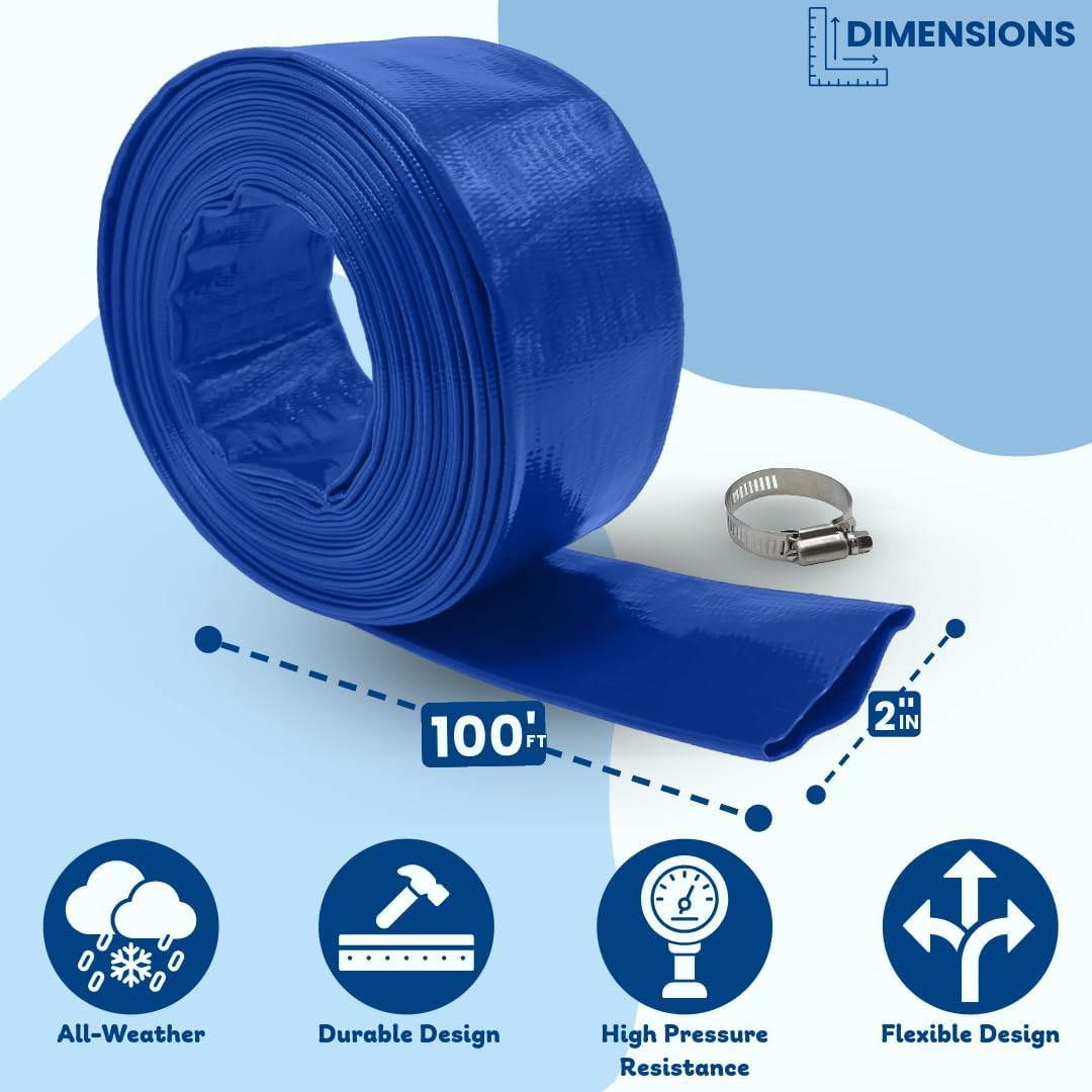 Poolzilla Heavy Duty Swimming Pool Backwash Hose | 2"x100' | Blue | Includes Steel Clamp