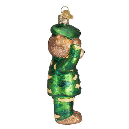 Old World Christmas Army Bear Glass Blown Ornament for Christmas Tree, Handcrafted Holiday Decoration, University Collection