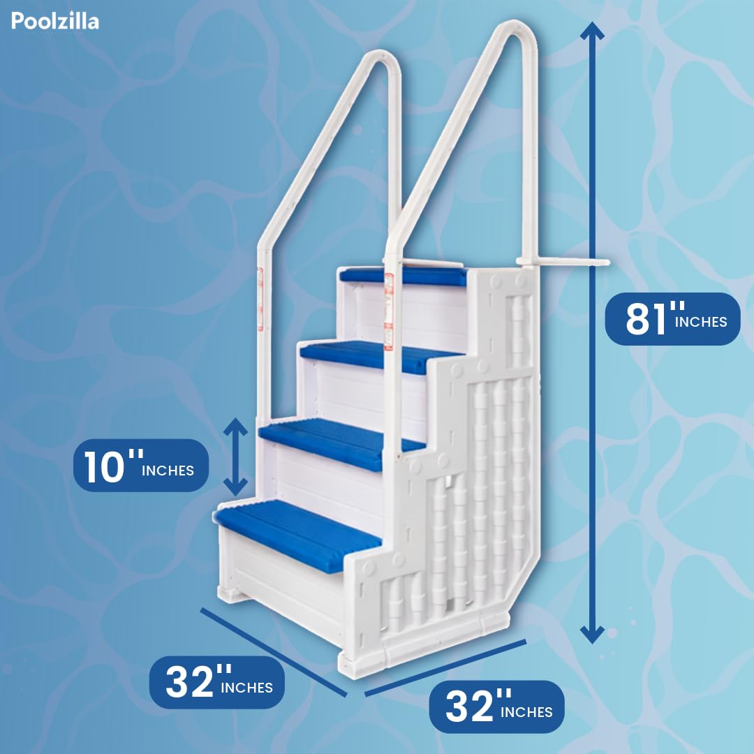 Poolzilla Premium Deck-Mounted Pool Ladder with Double Handrails - Blue & White - Fits 48"–54" Above Ground Pools