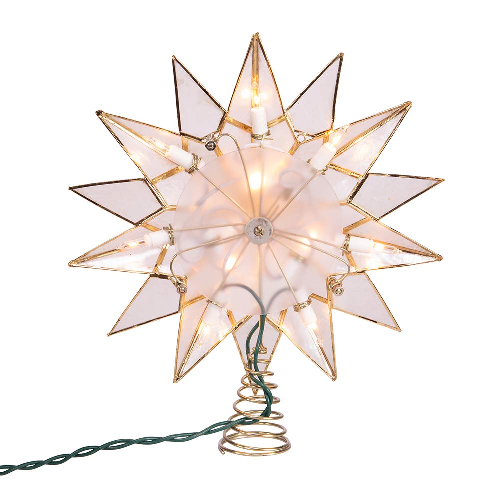 Kurt S. Adler UL3141 9.84" Brass Plated 7-Point Double Tip Capiz Star with Center Gem Tree Topper
