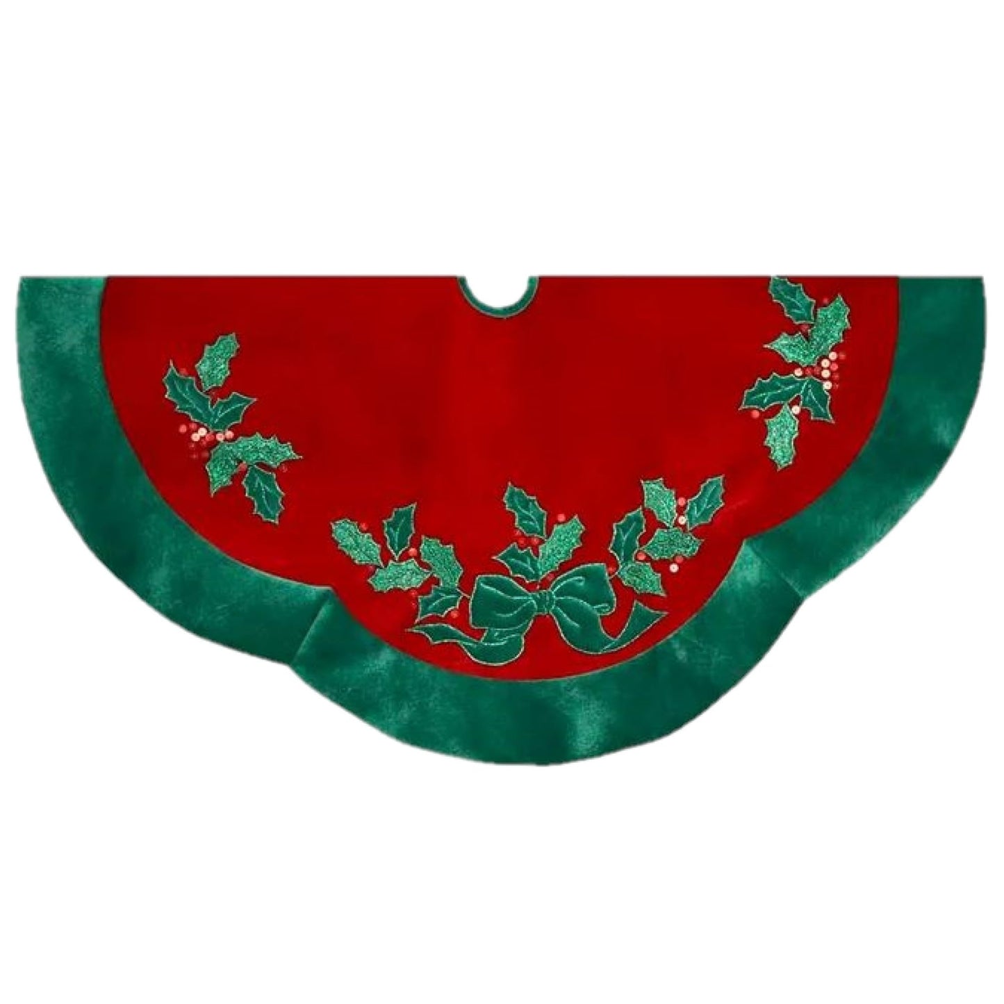 Kurt Adler 48" Velvet Red with Green Leaves Applique Treeskirt