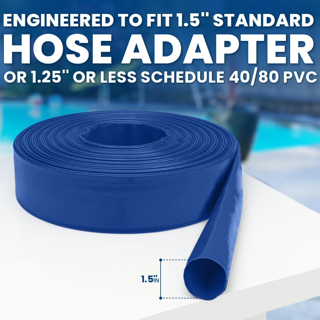 Poolzilla Heavy Duty Swimming Pool Backwash Hose | 1.5"x50' | Blue | Includes Steel Clamp