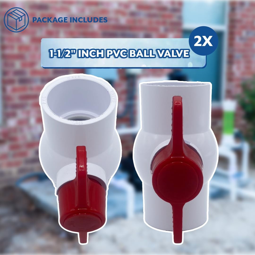 Poolzilla 1-1/2" PVC Ball Valve (2 Pack) for Schedule 40 PVC | Rated 150 PSI