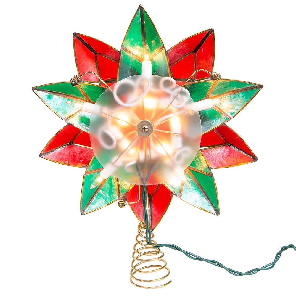 Kurt Adler 10-Point Illuminated Multi-Point Capiz Shell Poinsettia for Indoor Christmas Treetop, 10 Warm White Incandescent Lights, Red and Green, 9.5"