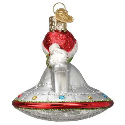 Old World Christmas UFO with Alien in Santa Hat Glass Blown Ornament for Christmas Tree, Handcrafted Holiday Decoration, Outer Space Collection
