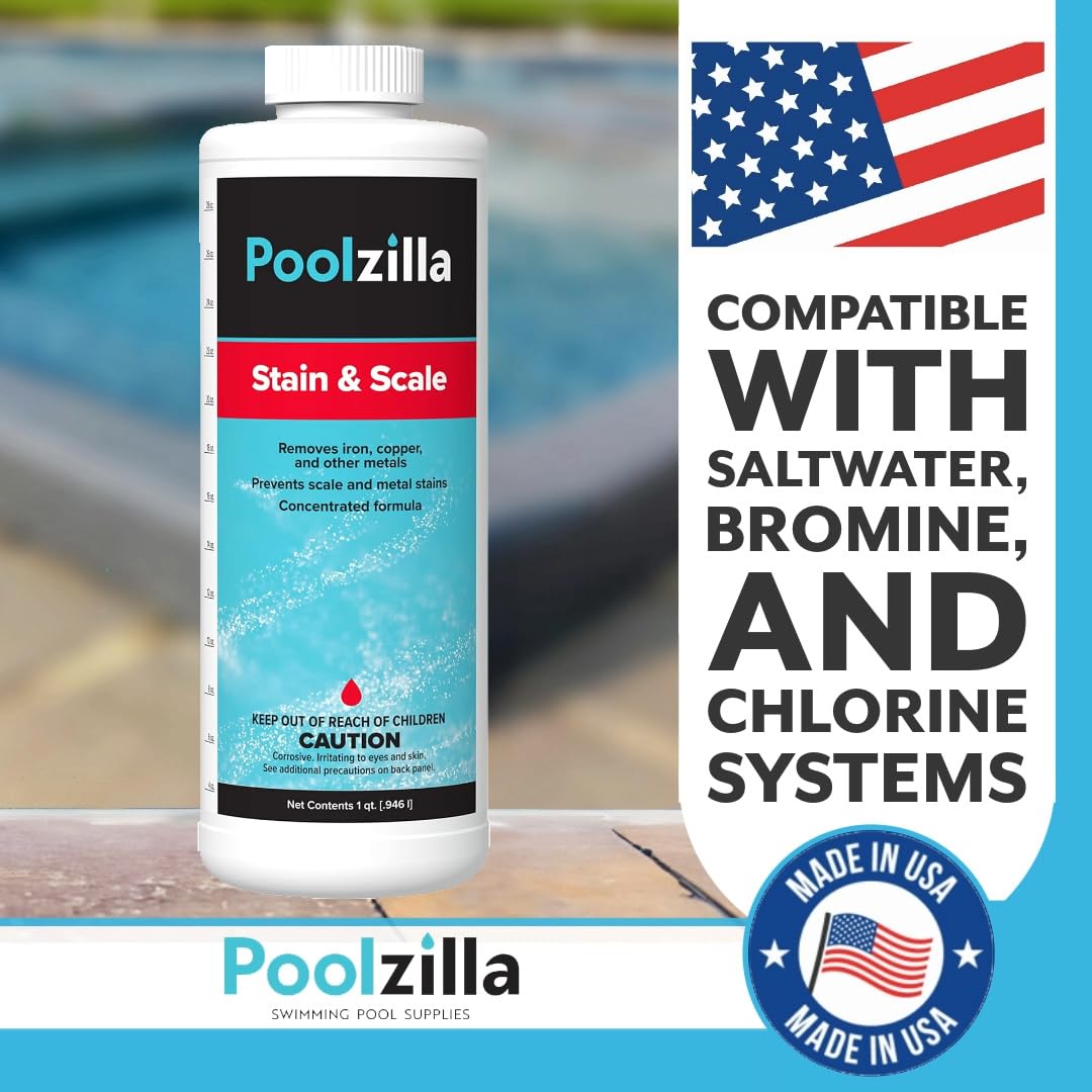 Poolzilla Stain & Scale (1QT) Removes Iron, Copper & Other Metals, Prevents Staining