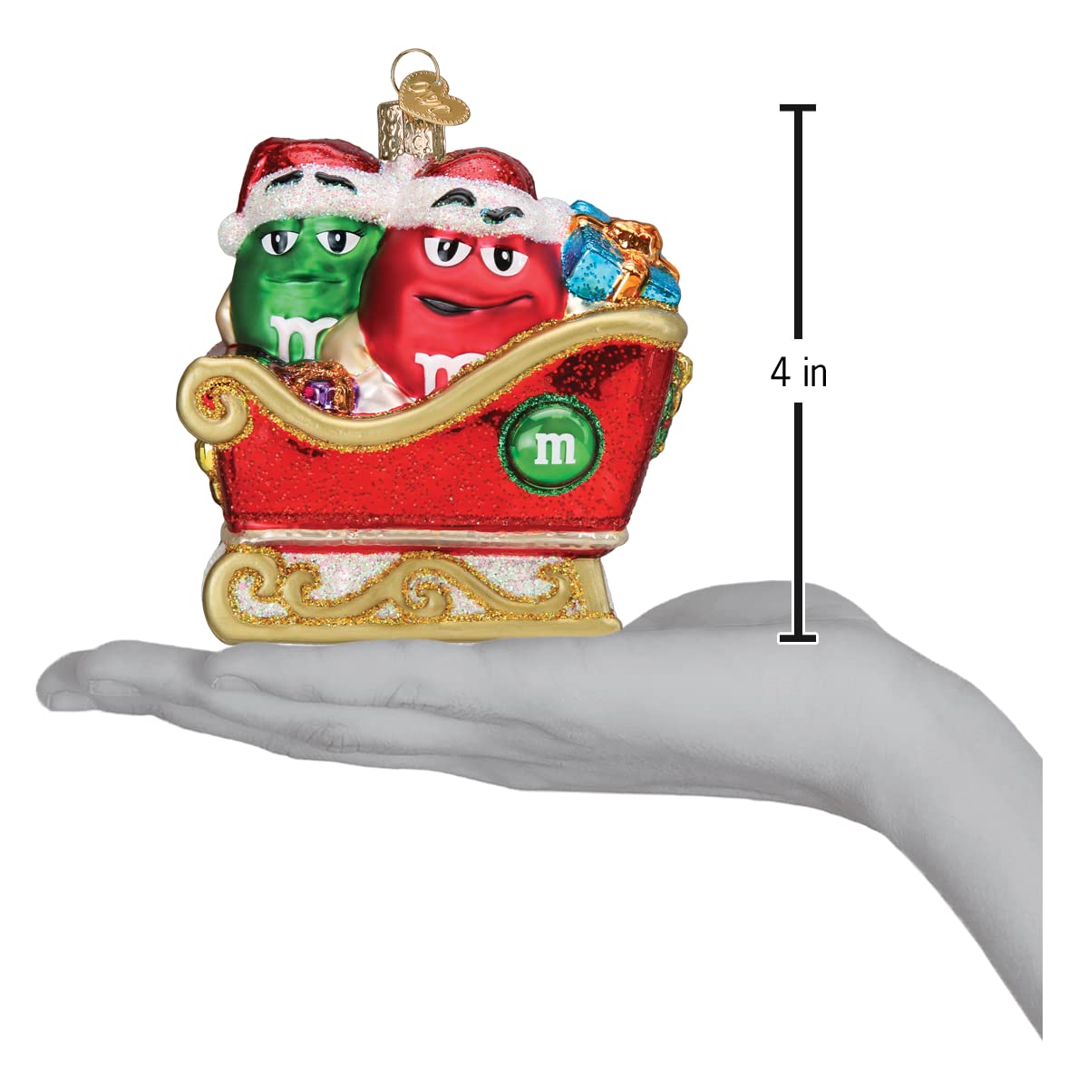 Old World Christmas M&M'S in Sleigh Glass Blown Ornament for Christmas Tree, Handcrafted Holiday Decoration, M&Ms Collection