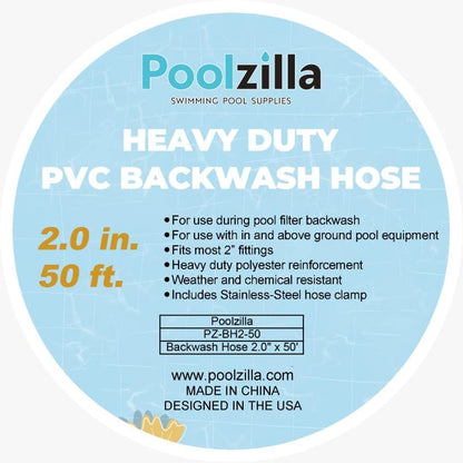 Poolzilla Heavy Duty Swimming Pool Backwash Hose | 2"x50' | Black | Includes Steel Clamp