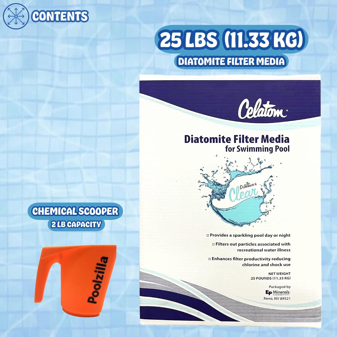 Poolzilla 25LB Celatom Diatomaceous Earth (DE) Pool Filter Aid, with Added DE Scooper