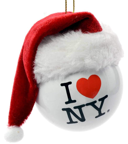 Kurt Adler Plastic Ornament for Christmas Tree, I Love NY Ball with Fabric Santa Hat, 3.5"