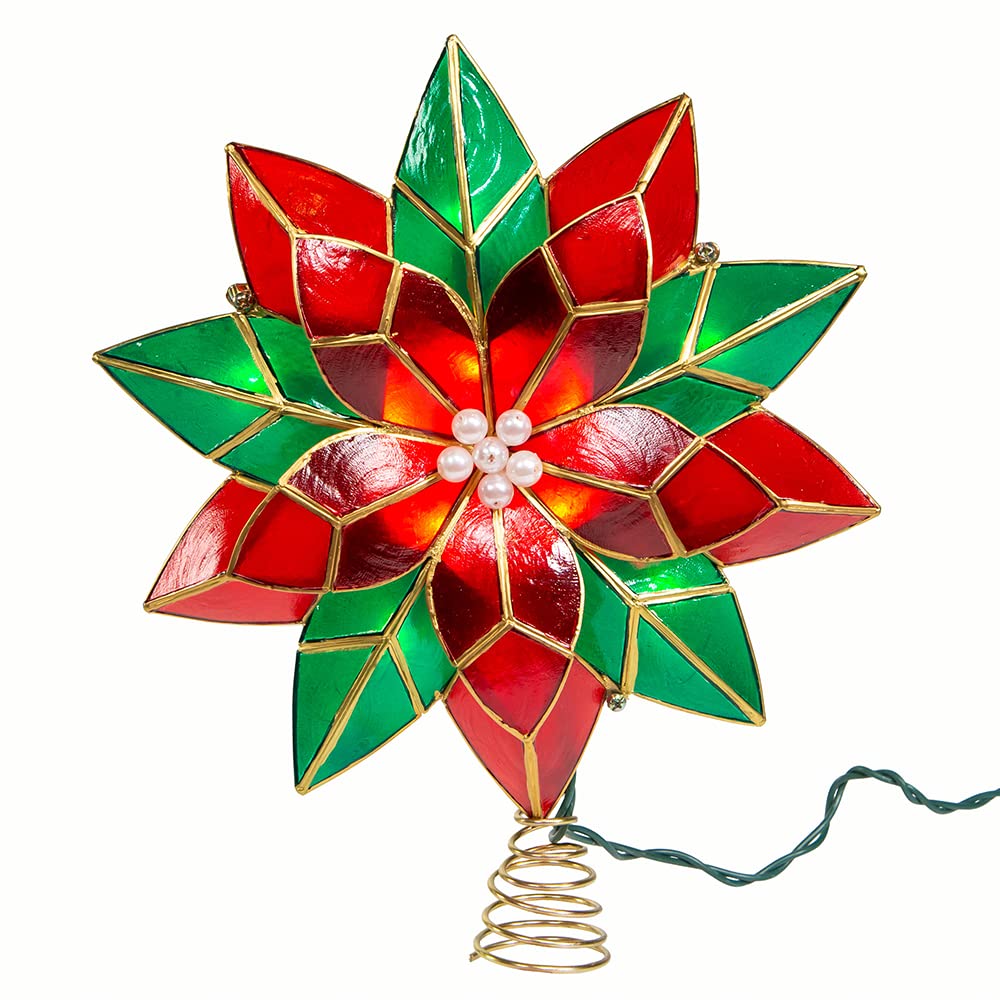 Kurt Adler 10-Point Illuminated Multi-Point Capiz Shell Poinsettia for Indoor Christmas Treetop, 10 Warm White Incandescent Lights, Red and Green, 9.5"