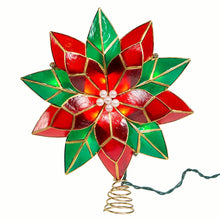 Kurt Adler 10-Point Illuminated Multi-Point Capiz Shell Poinsettia for Indoor Christmas Treetop, 10 Warm White Incandescent Lights, Red and Green, 9.5"