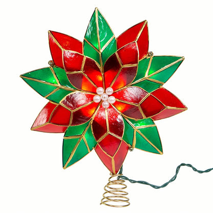 Kurt Adler 10-Point Illuminated Multi-Point Capiz Shell Poinsettia for Indoor Christmas Treetop, 10 Warm White Incandescent Lights, Red and Green, 9.5"