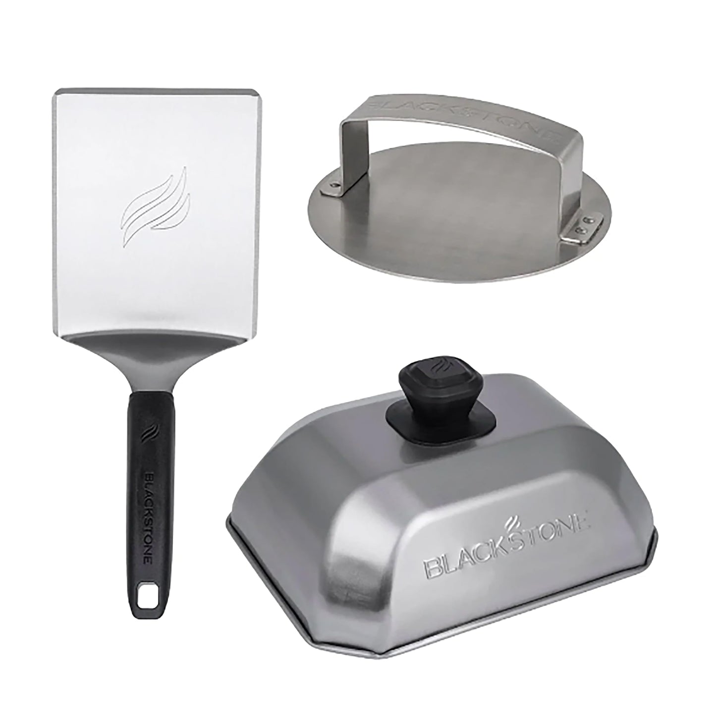 Blackstone 5462 Hamburger Kit (3 Piece) – Metal Flipper Spatula Turner, Basting Cover & Hamburger Press Patty Stainless Steel Burger Maker Set for Bacon, Steak–Griddle Accessories for Grilling, Black