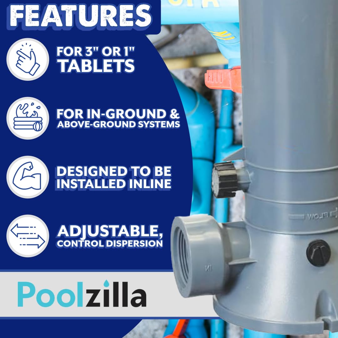 Poolzilla Free Standing Automatic Chlorinator Above Ground Pool - Inground Pool Chlorinator, Inline Pool Filter, Chlorine Feeder 4.2lb Tank