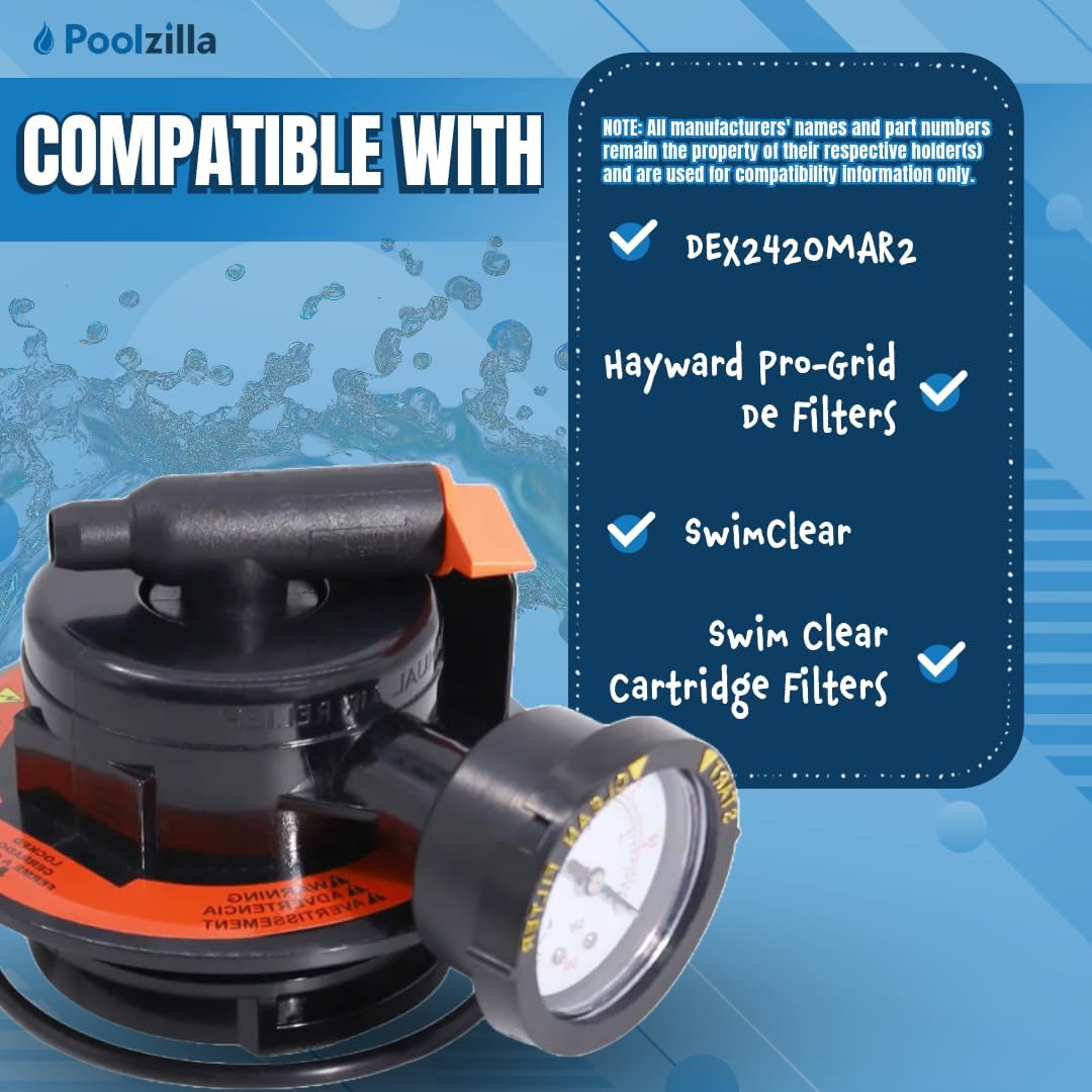 Poolzilla Manual Air Relief Assembly, Compatible with DEX2420MAR2, Pro-Grid De Filters, SwimClear and Swim Clear Cartridge Filters, Air Relief Valve Replacement for DE and Cartridge Pool Filters