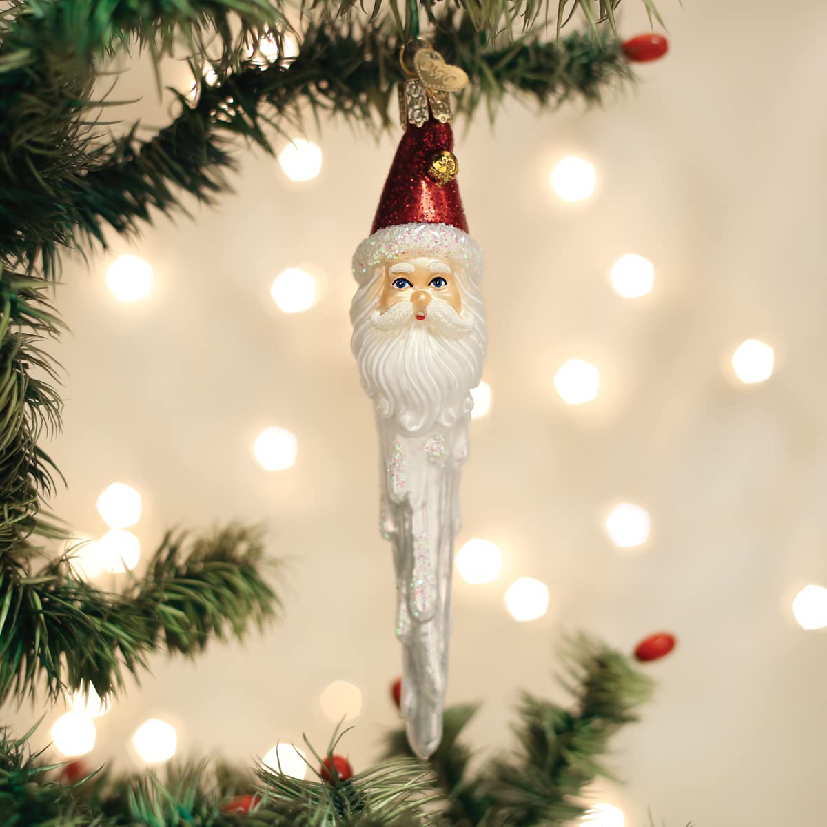 Old World Christmas Jingle Bell Santa Icicle Glass Blown Ornament for Christmas Tree, Handcrafted Holiday Decoration, Icicle Collection