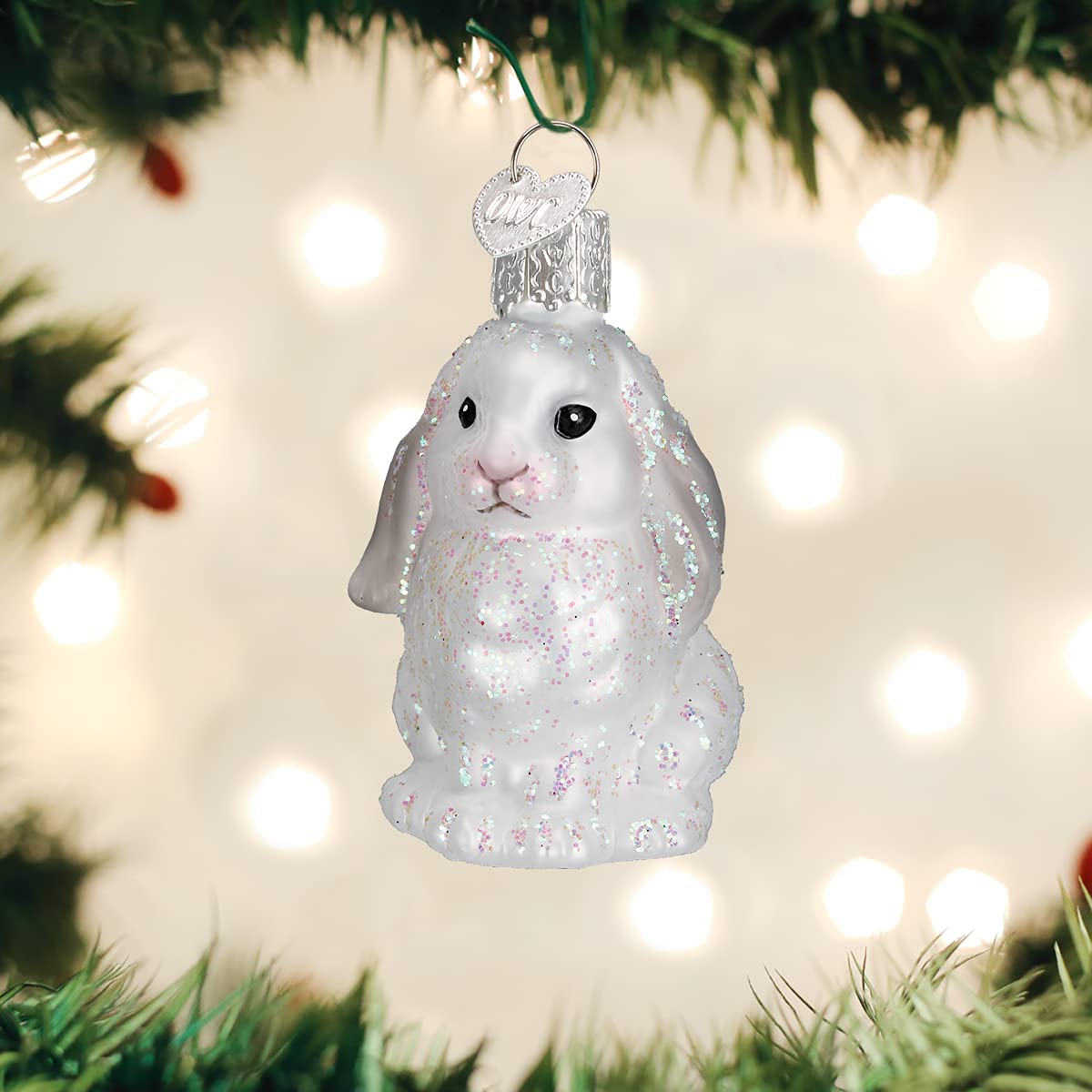 Old World Christmas White Baby Bunny Glass Blown Ornament for Christmas Tree, Handcrafted Holiday Decoration, Wildlife Animal Collection