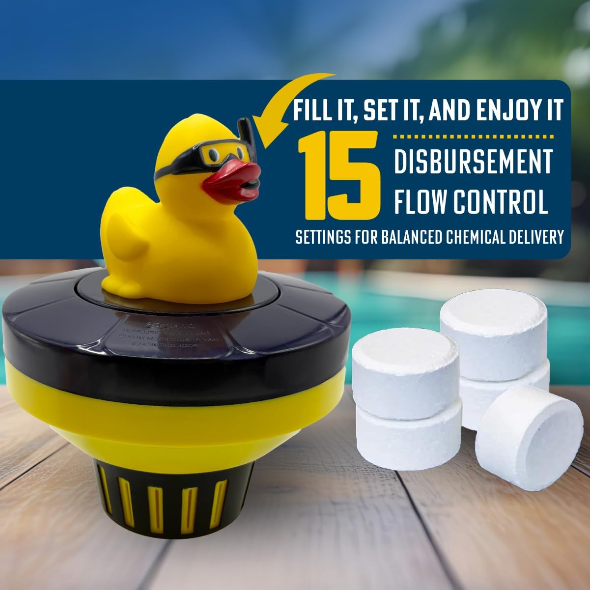 Poolzilla Duck Dispenser with Thermometer - Tablet Floater with Adjustable Collar Design and Easy Read String Thermometer