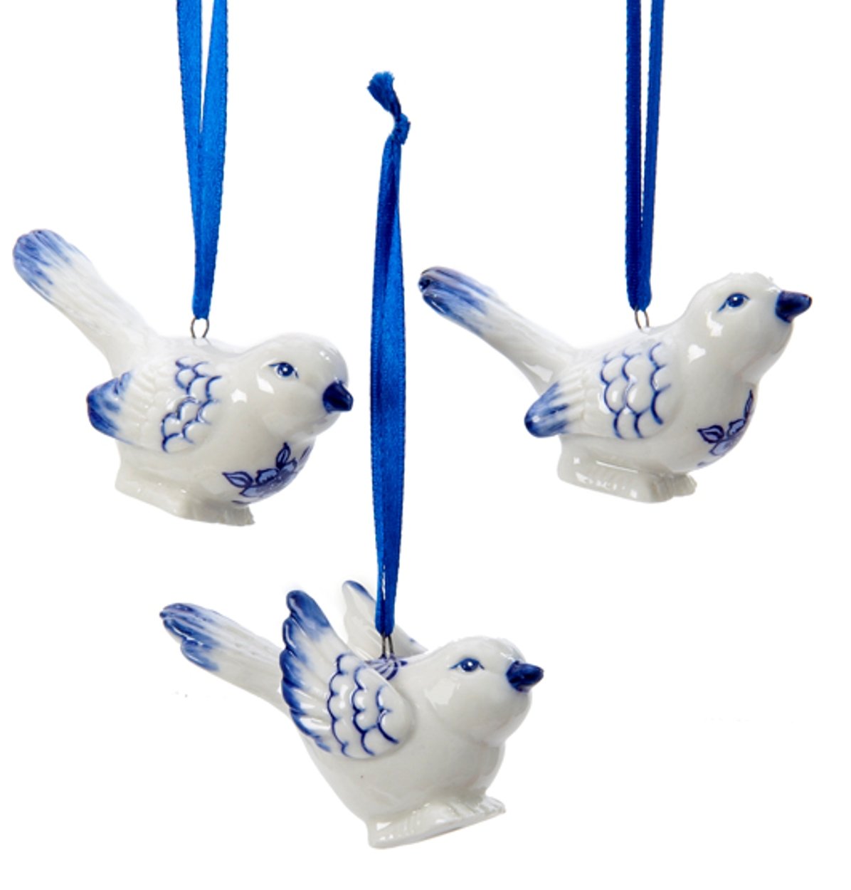 Kurt Adler J7706 Porcelain Delft Blue Bird Ornaments,Blue,White, (Set Of 3)