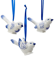Kurt Adler J7706 Porcelain Delft Blue Bird Ornaments,Blue,White, (Set Of 3)