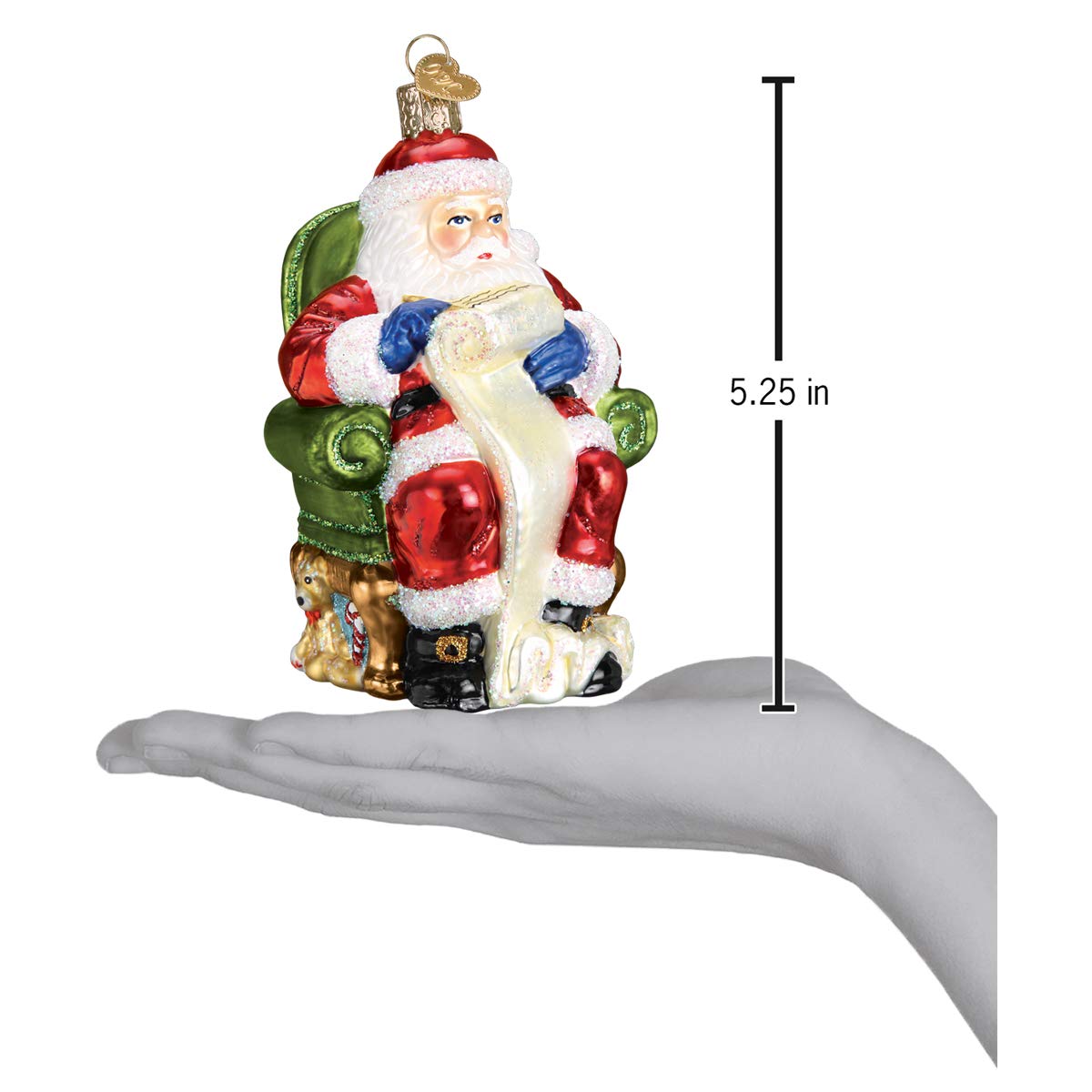 Old World Christmas Santa Checking His List Glass Blown Ornament for Christmas Tree, Handcrafted Holiday Decoration, Santa Collection