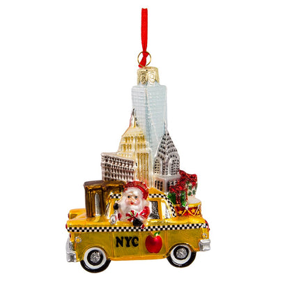 Kurt Adler 5" NYC Santa in Taxi Glass Ornament, holiday