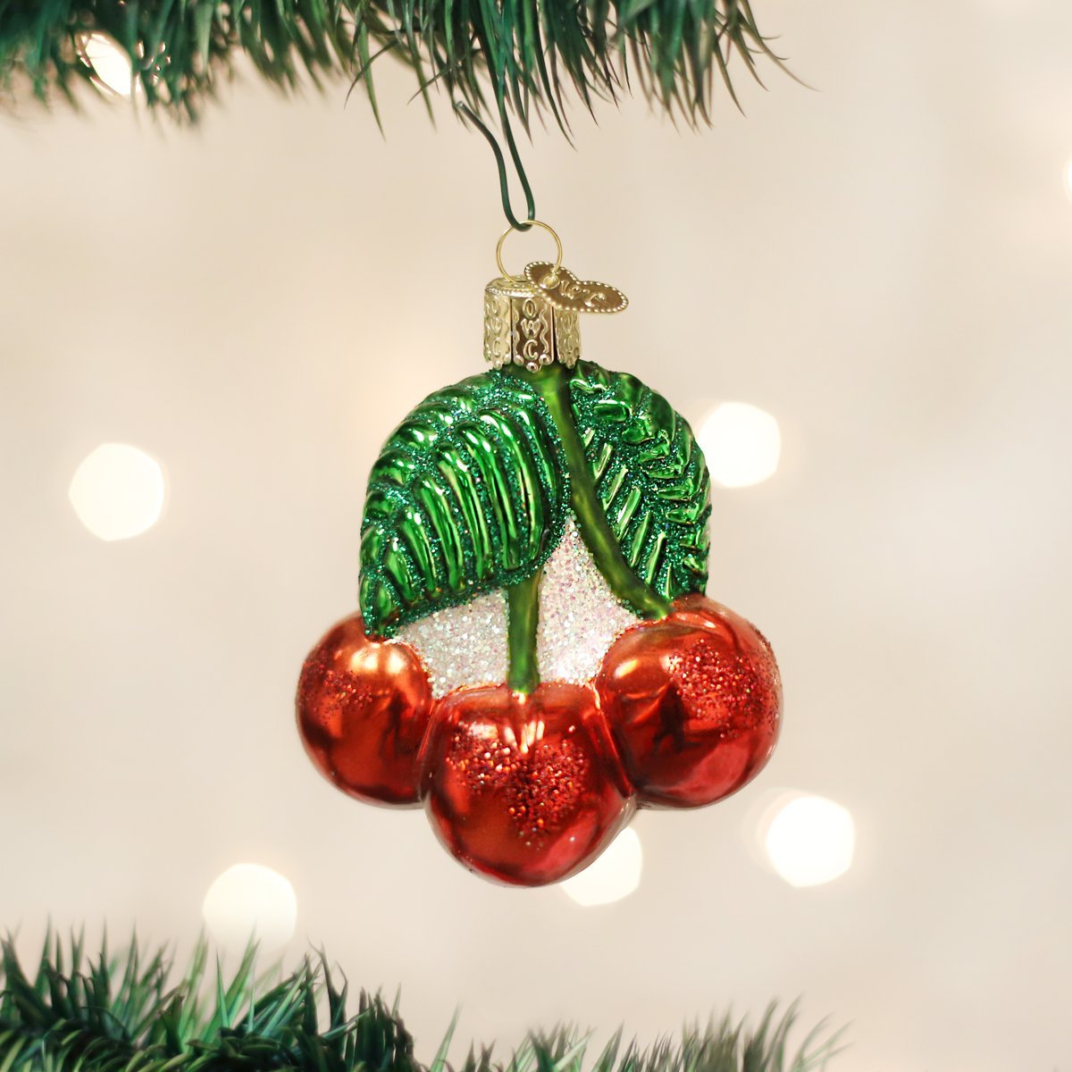 Old World Christmas Red Cherries Glass Blown Ornament for Christmas Tree, Handcrafted Holiday Decoration, Fruit Collection