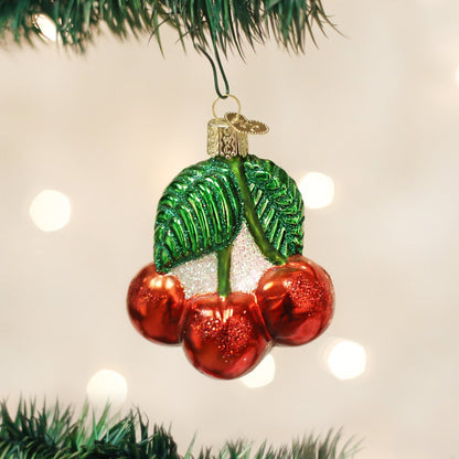 Old World Christmas Red Cherries Glass Blown Ornament for Christmas Tree, Handcrafted Holiday Decoration, Fruit Collection