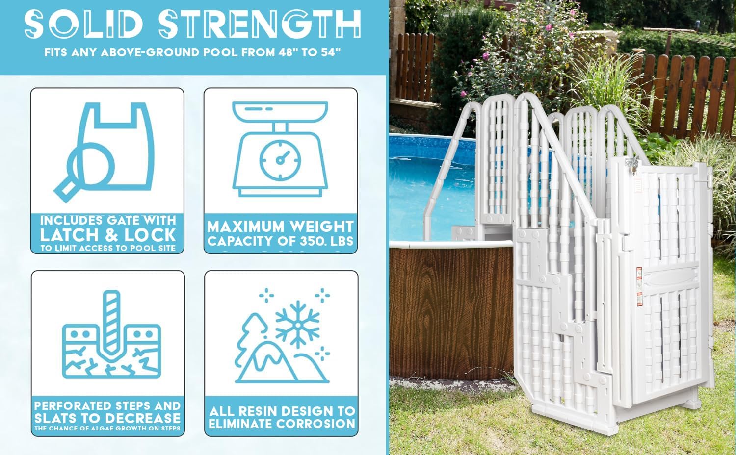 Poolzilla Pool Step Set for Above Ground Pools with Crossover Bridge, and a Lockable Gate - for 48’’ to 54’’ in. Above Ground Pools