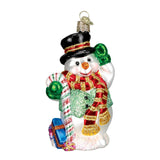 Old World Christmas Candy Cane Snowman Glass Blown Ornament for Christmas Tree, Handcrafted Holiday Decoration, Snowman Collection