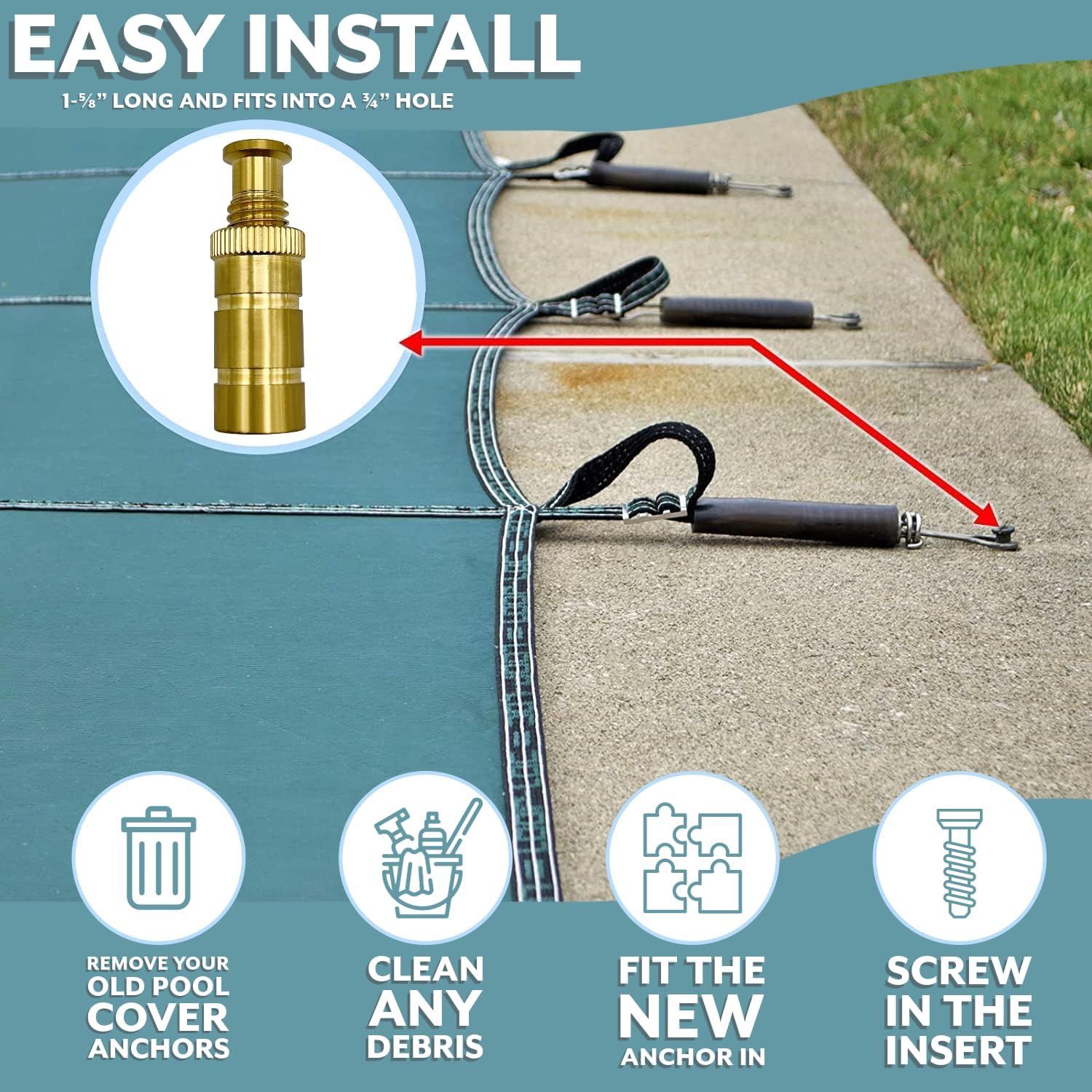 Poolzilla Pool Safety Cover Brass Anchors for Concrete and Pavers - Universal Fit