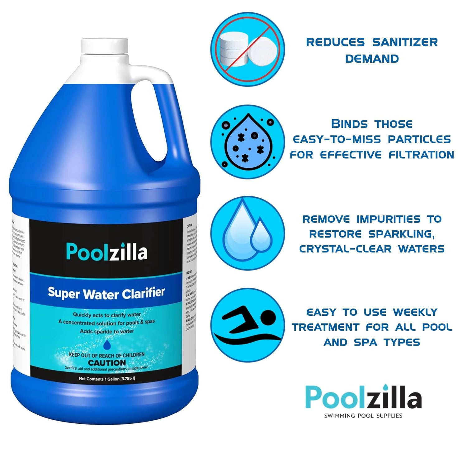 Poolzilla Super Water Clarifier (1 Gal) Concentrated Solution for Pools and Spas