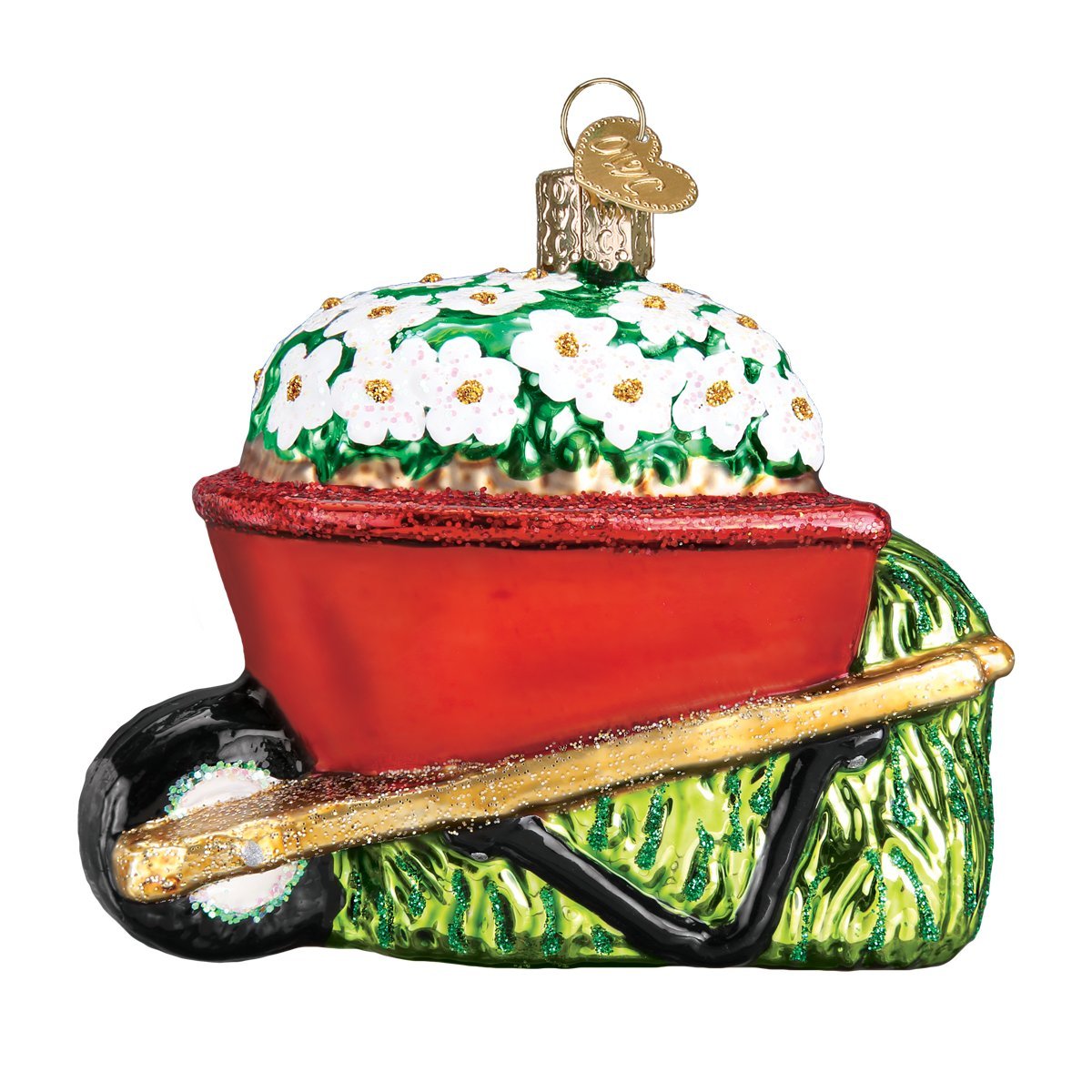 Old World Christmas Wheelbarrow with Flowers Glass Blown Ornament for Christmas Tree, Handcrafted Holiday Decoration, Garden Collection