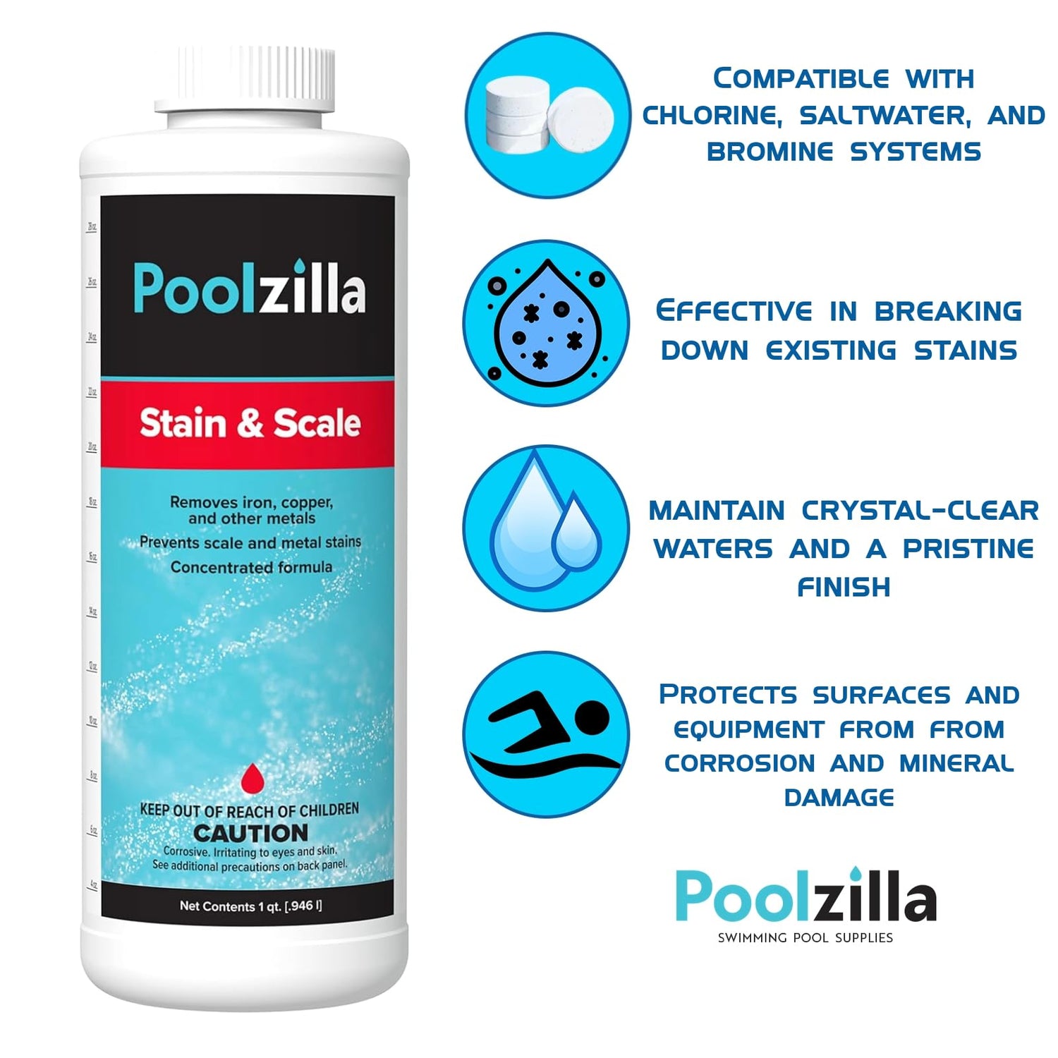 Poolzilla Stain & Scale (1QT) Removes Iron, Copper & Other Metals, Prevents Staining