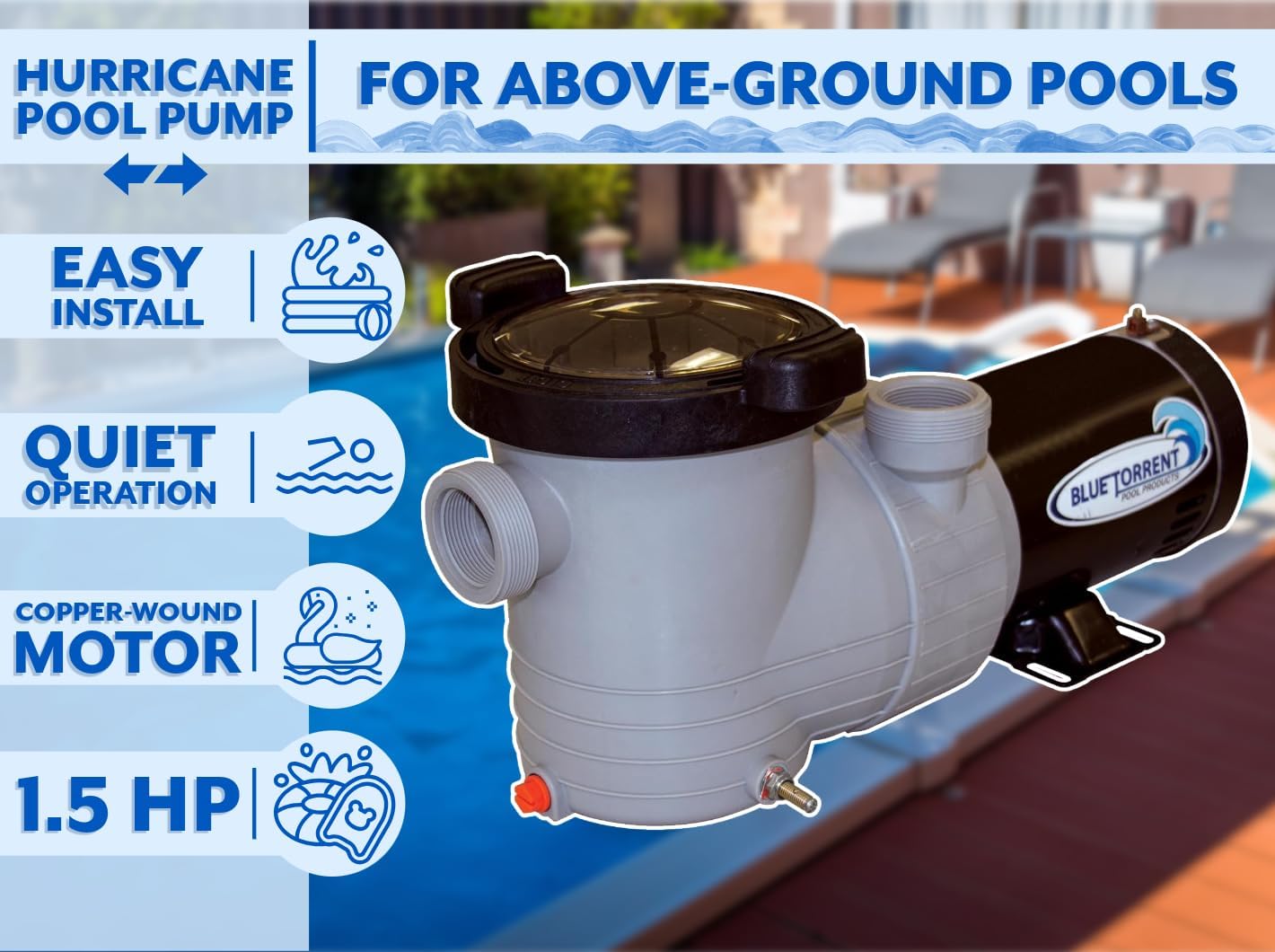 Poolzilla 1.5HP Pool Pump For Above Ground Pools With Dual-Port Discharge and Pre-Bonded HLT