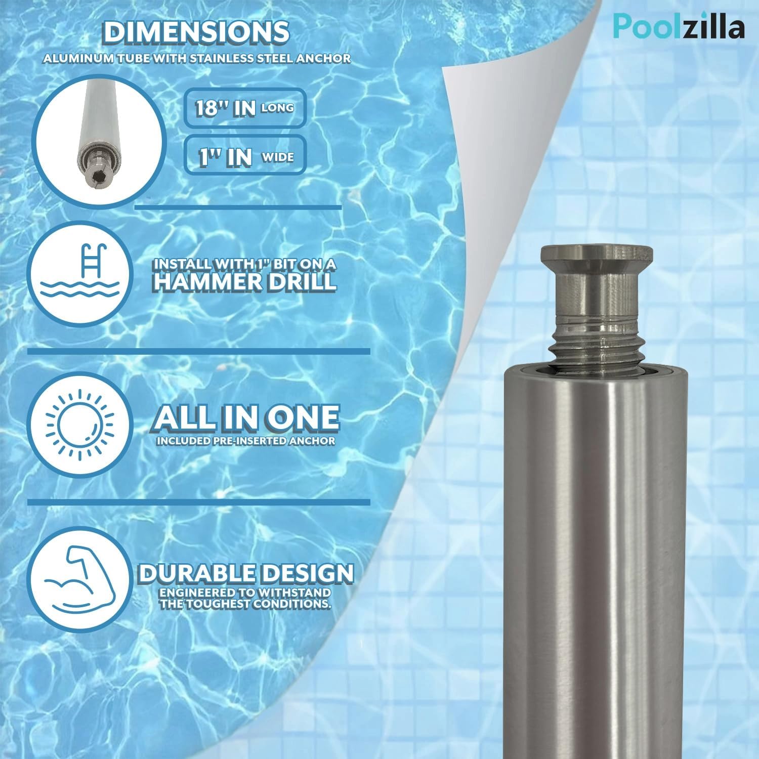 Poolzilla 10” Aluminum Tube with Stainless Steel Anchor for Pool Cover Installation