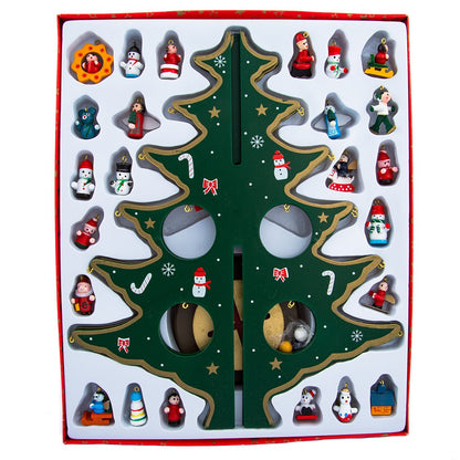Kurt Adler Advent Calendar Christmas Tree with 24 Miniature Wooden Ornaments, Multi Color 11.75in.