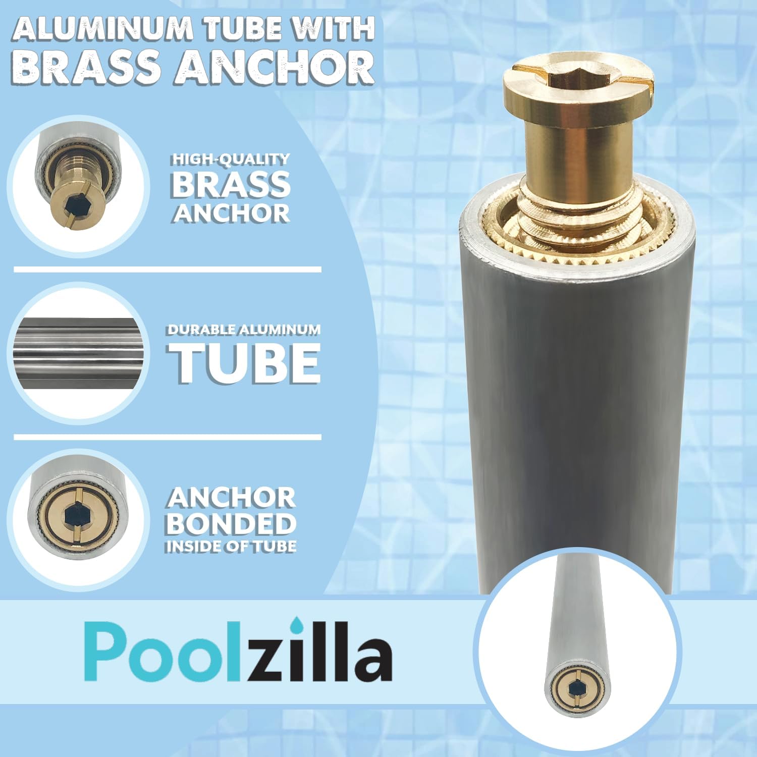 Poolzilla 10” Aluminum Tube with Brass Anchor for Pool Safety Cover Installation