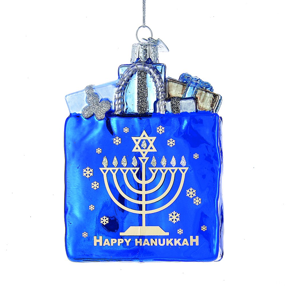 Kurt Adler 4" Noble Gems Happy Hanukkah Glass Gift Bag Ornament (NB1126)