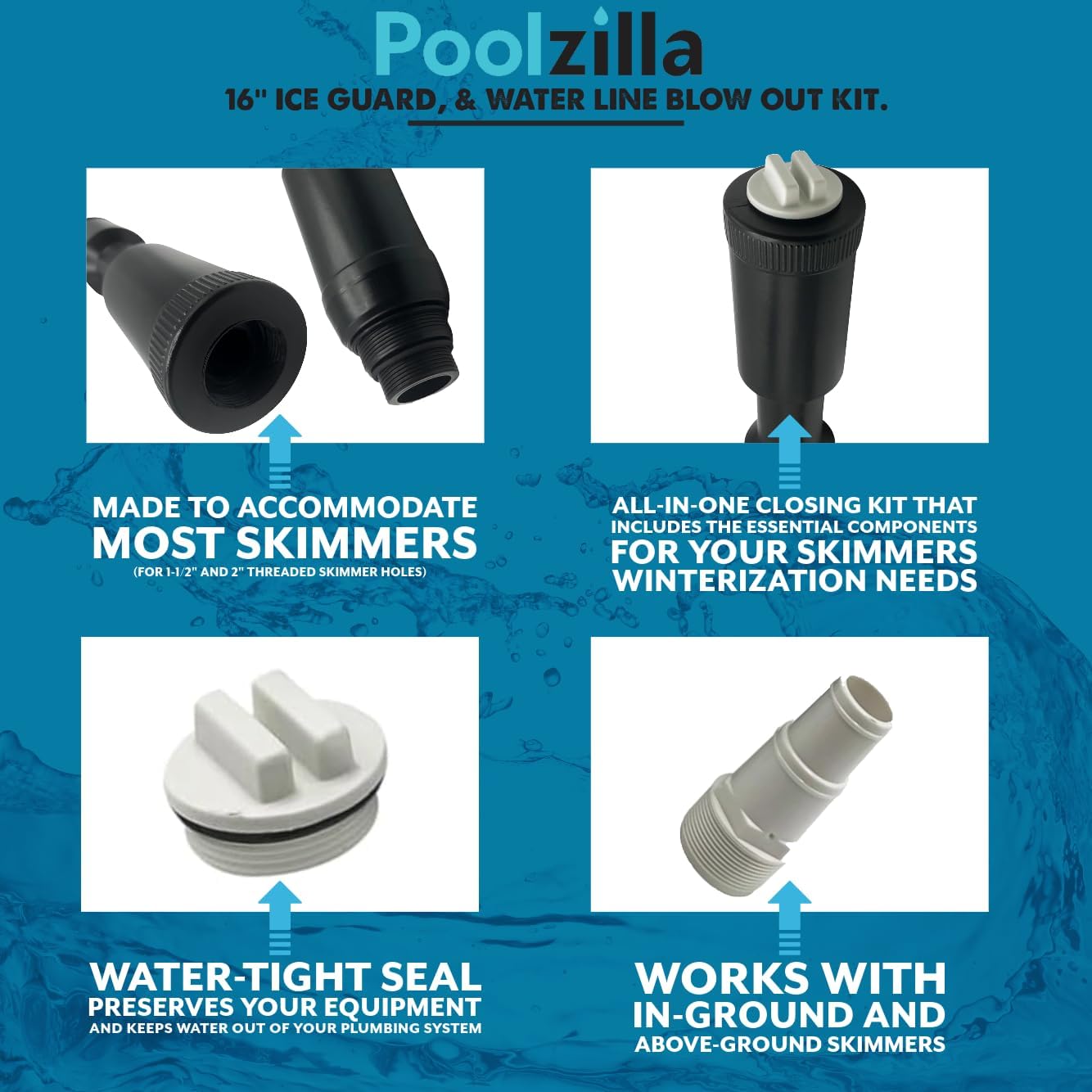 Poolzilla Skimmer Winter Kit - Skimmer Plug, 16’’ Ice Guard, & Water Line Blow Out Kit