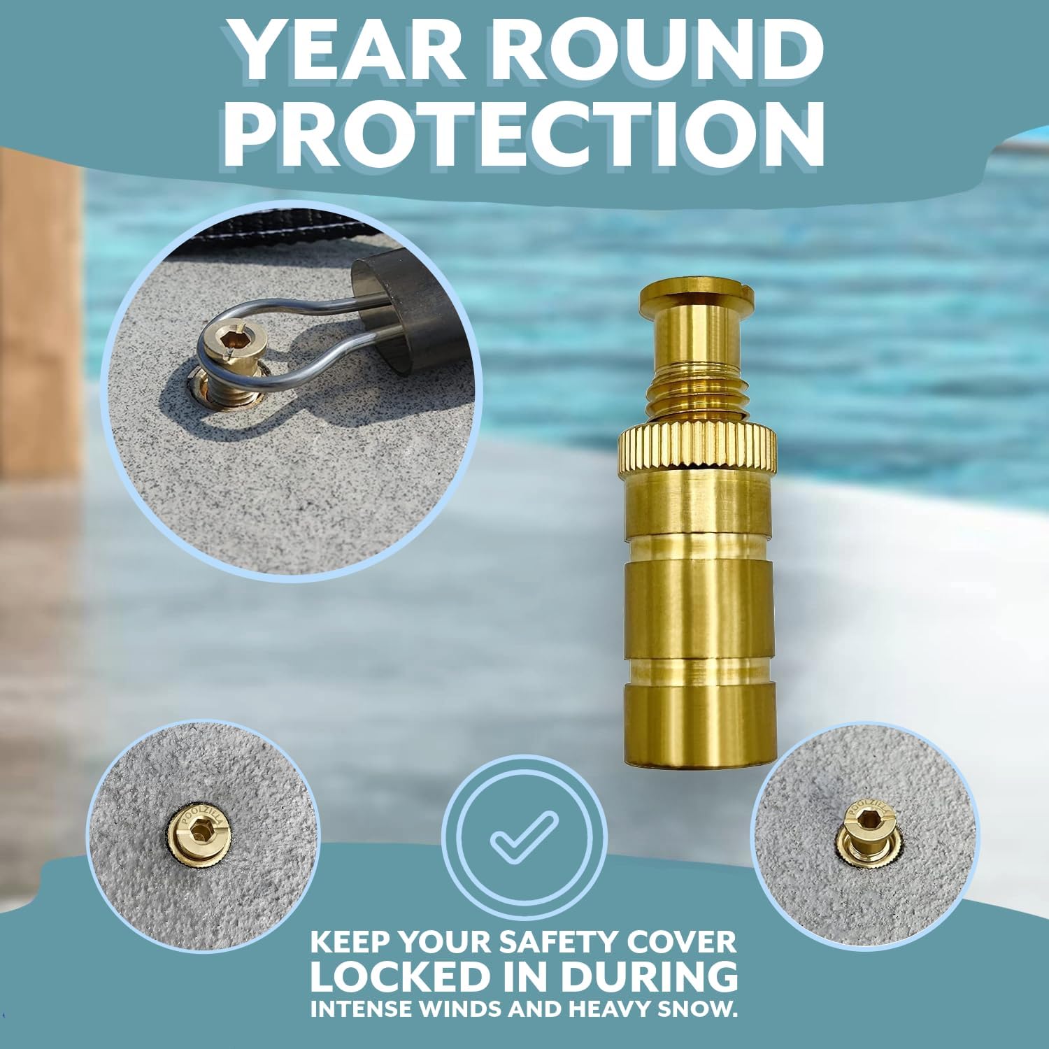 Poolzilla Pool Safety Cover Brass Anchors for Concrete and Pavers - Universal Fit