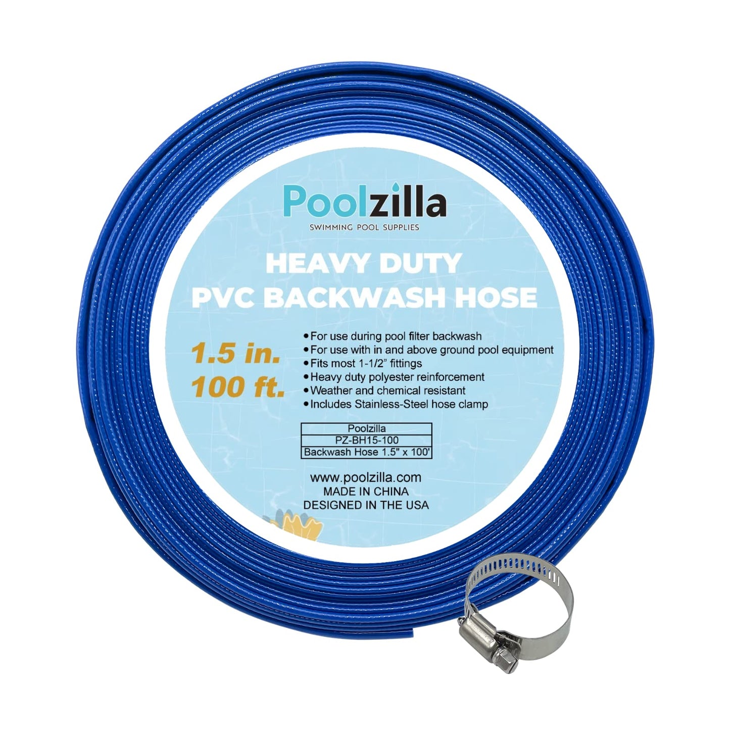 Poolzilla Heavy Duty Swimming Pool Backwash Hose | 1.5"x 100' | Blue | Includes Steel Clamp